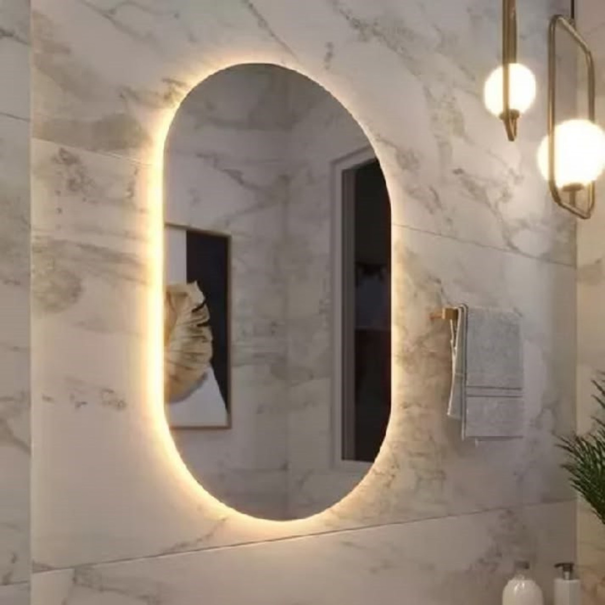 Espelho Grande De Parede Oval Com Led Orgânico  Banheiro Sala Quarto Luz Quente E Fria
