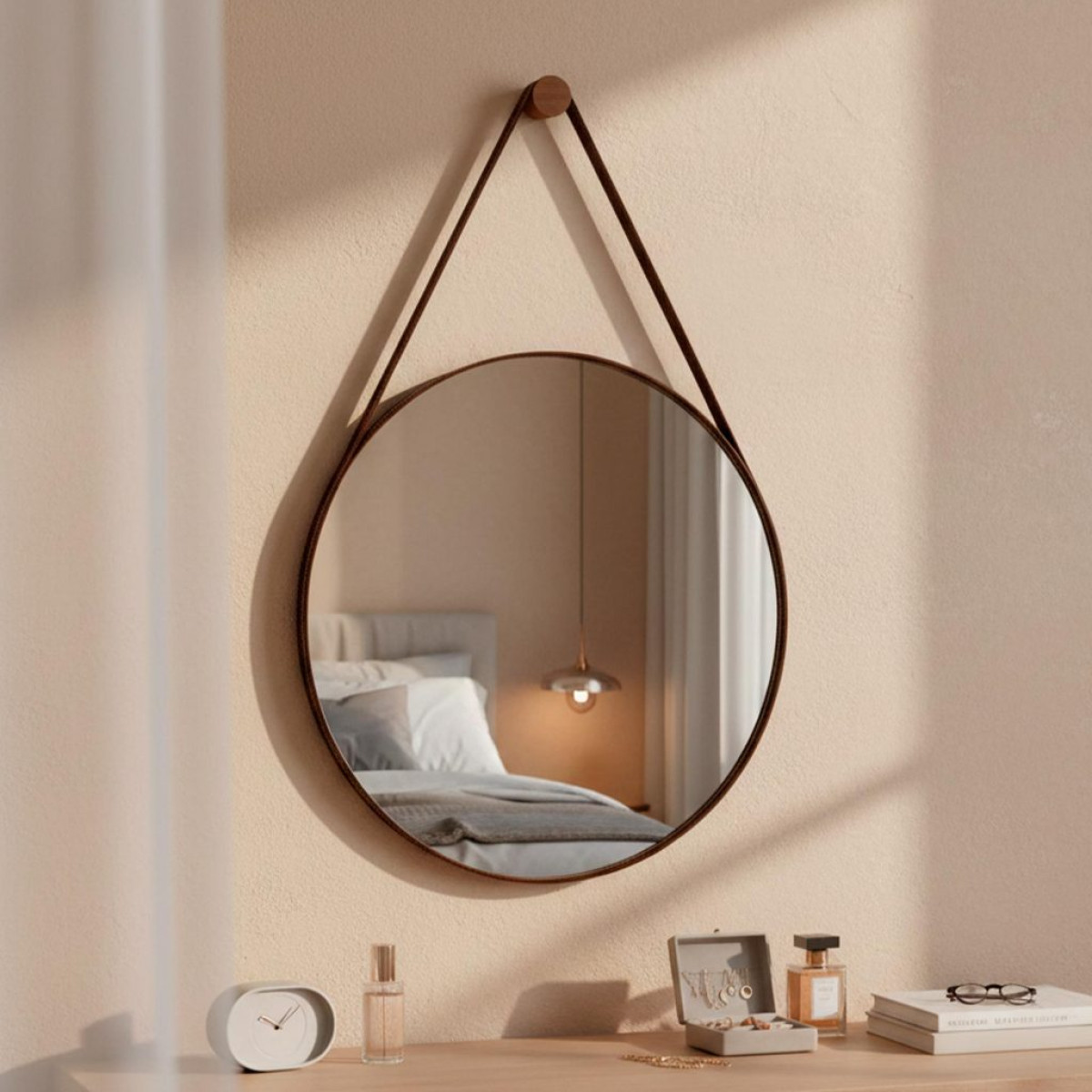 Espelho Redondo Alça Couro 60cm Suporte De Fixação para Banheiro Sala Quarto Lavabo Minimalista