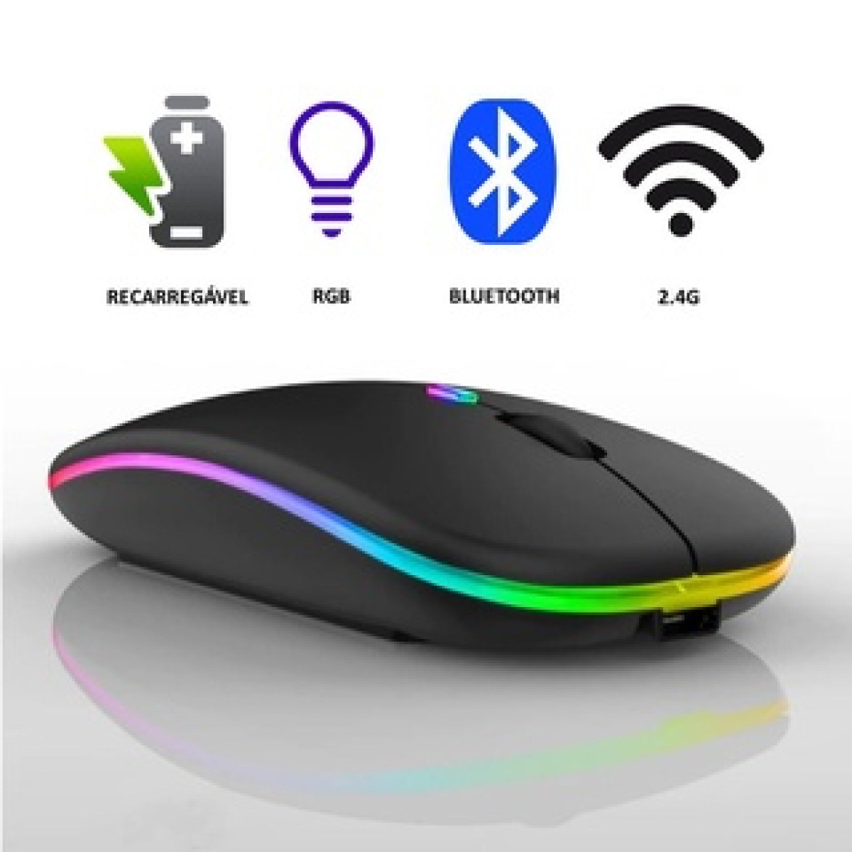 Mouse Gamer Sem Fio Recarregável com LED RGB, Bluetooth e Conexão 2.4 GHz Compatível
