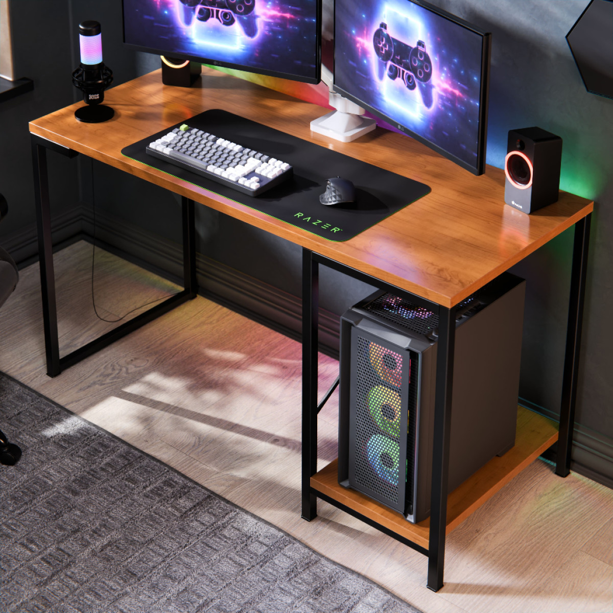 Mesa Escrivaninha Gamer e Home Office Tóquio Estilo Industrial com Prateleira em Aço e MDF