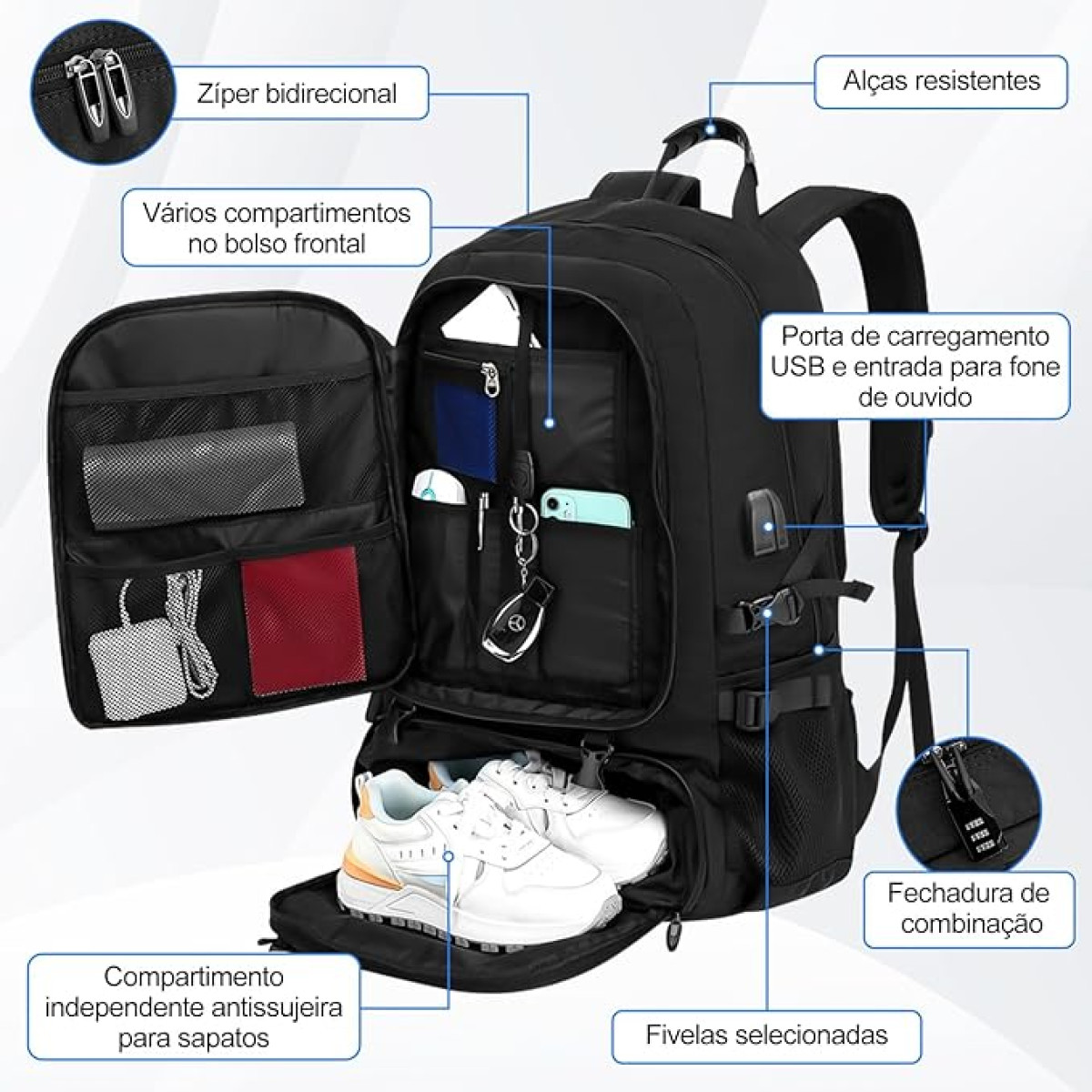 Mochila viagem de expansão de 50 litros, com 6 sacos de armazenamento, Anti-roubo, com porta USB e porta de fone de ouvido