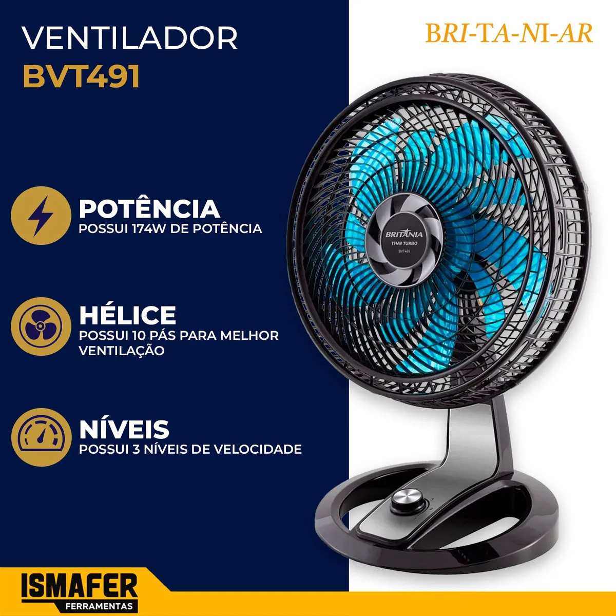 Ventilador De Mesa Britânia 174w Bvt491 40cm 10 Pás Cor da estrutura Preto Cor das pás Verde Diâmetro 40 cm Material das pás Plástico