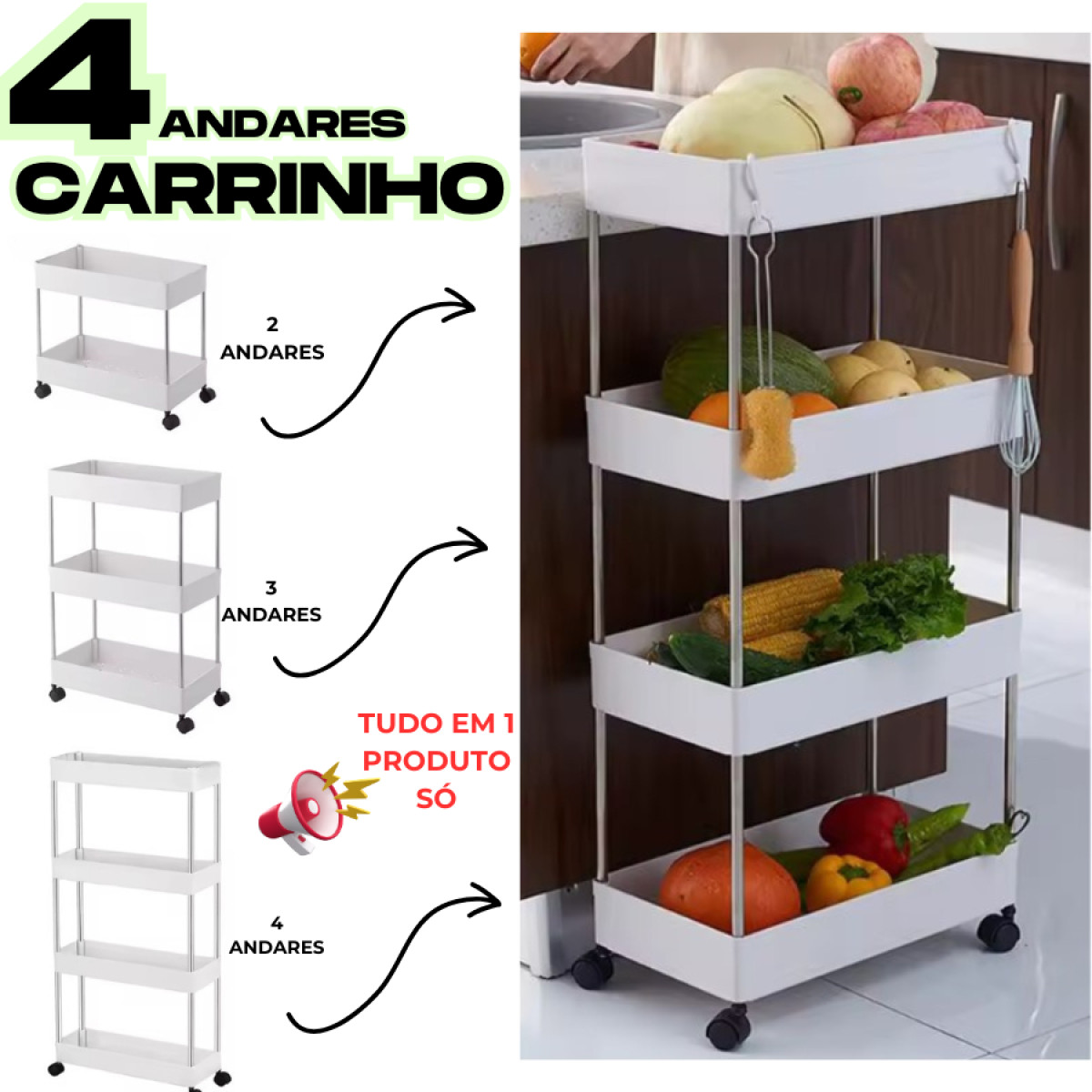 Carrinho Com 4 Prateleiras Móvel Multiuso Para Cozinha Sala Quarto Estante Com Ferro Espaçosa