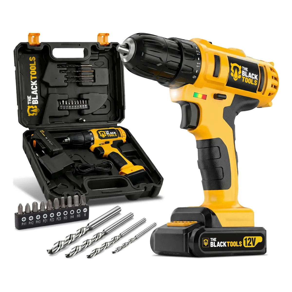 Furadeira Parafusadeira Sem Fio A Bateria Tb-12e 12v 3/8 10mm Com Maleta E Acessórios The Black Tools