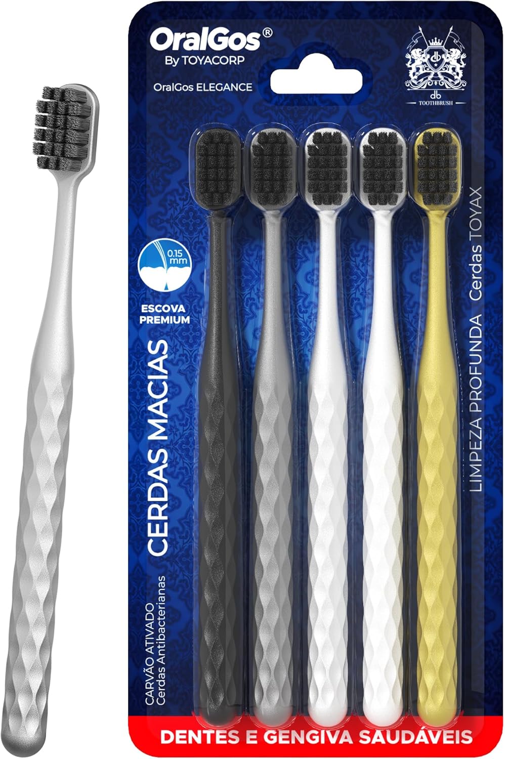 Escova de Dente Adulto, 5 Unidades, Cerdas de Carvão Ativo, Macia, Para Gengivas Sensíveis, Multi-Co