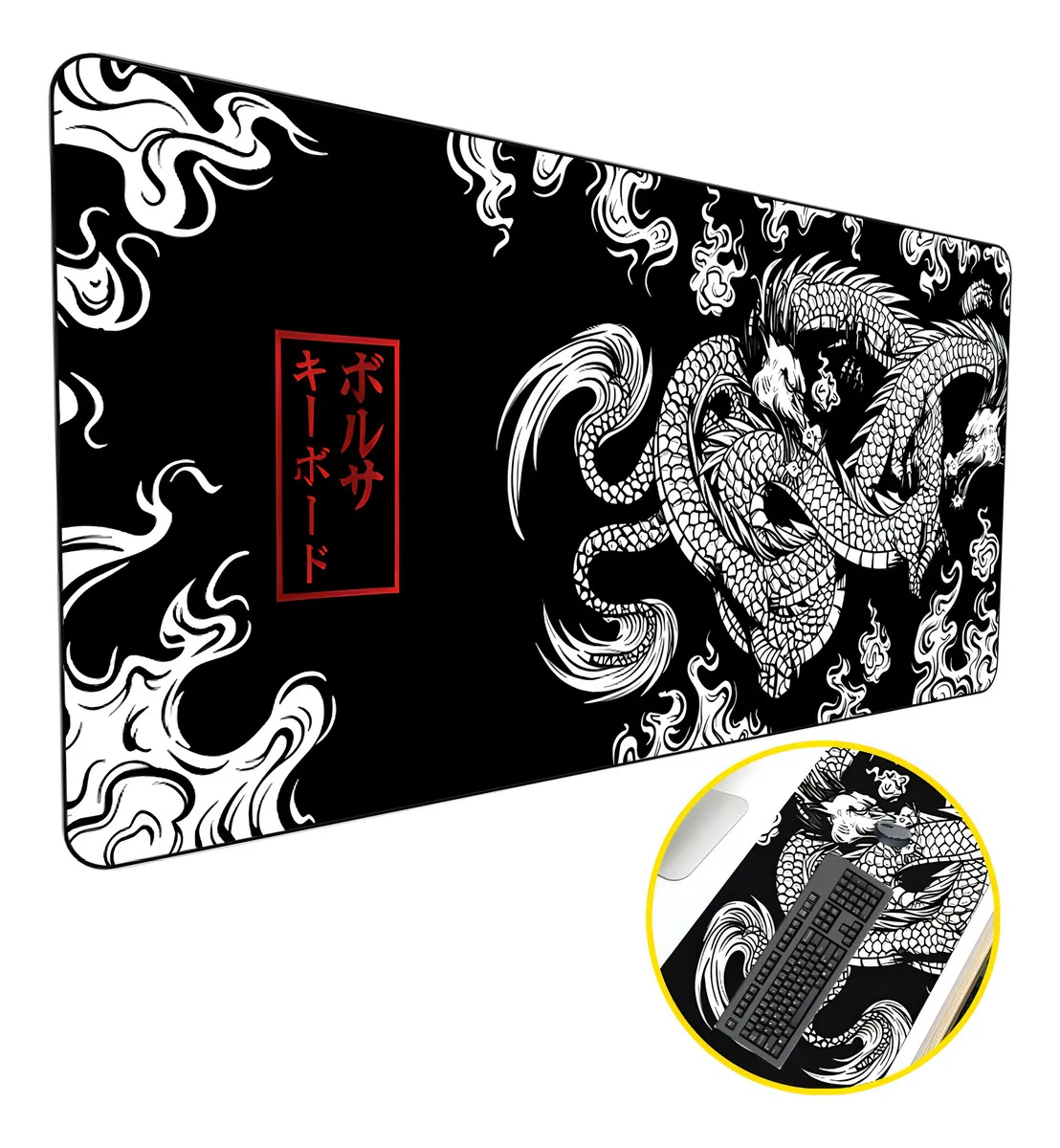 Mouse Pad Grande 60x30 Desk Pad Dragão Chinês Japonês Cor Preto Desenho Impresso Dragão Negro