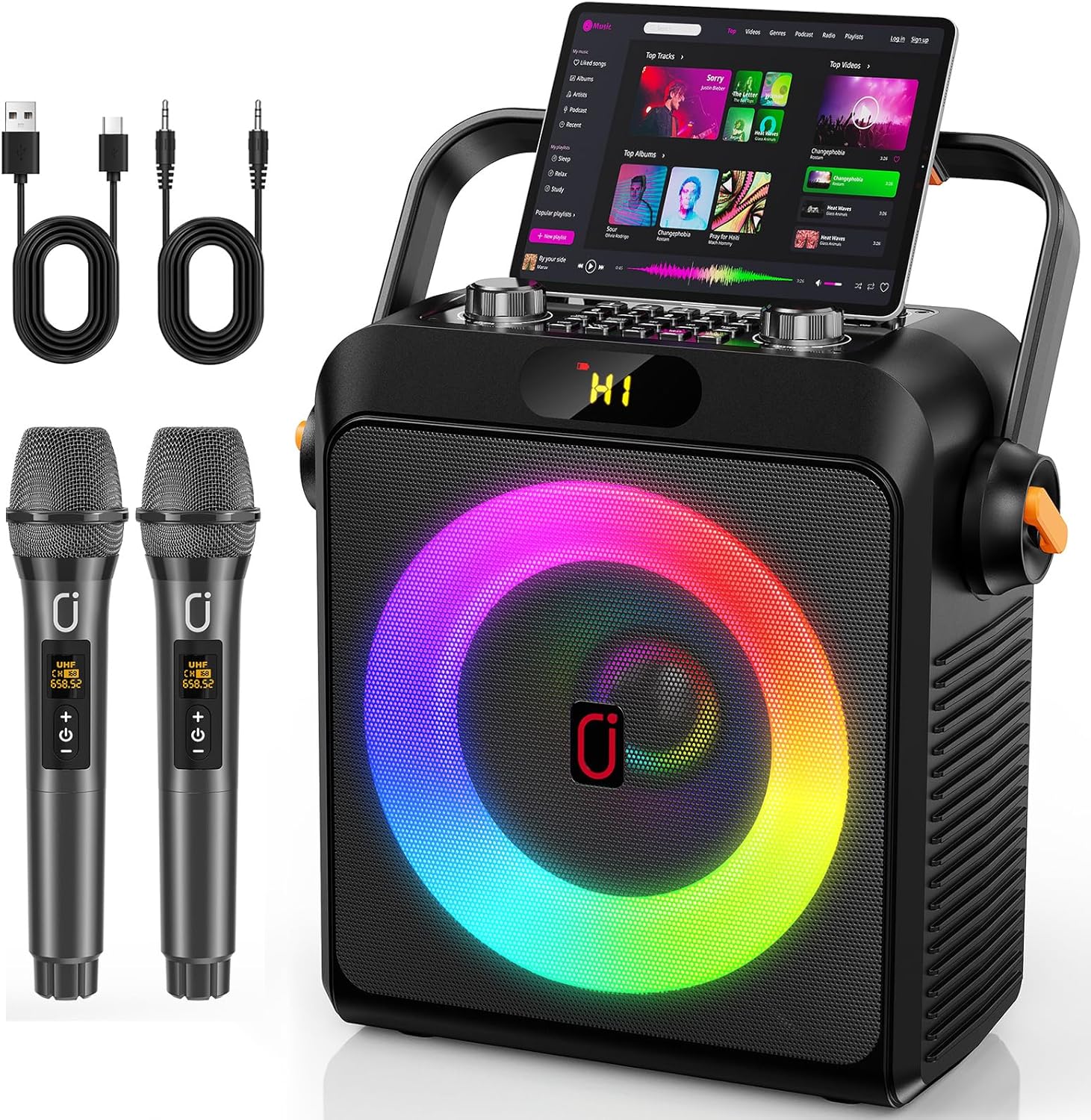 JYX Karaokê com 2 Microfones Sem Fio para Adultos e Crianças, Karaoke Portatil com Luzes de RGB