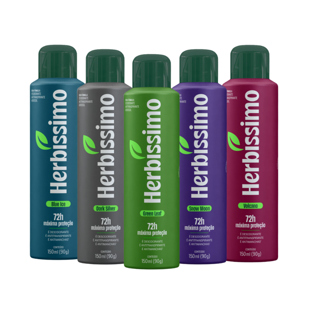 Kit Desodorante Antitranspirante Aerossol Herbíssimo Green + Snow + Volcano + Blue + Dark Silver 150Ml (5 unidades)