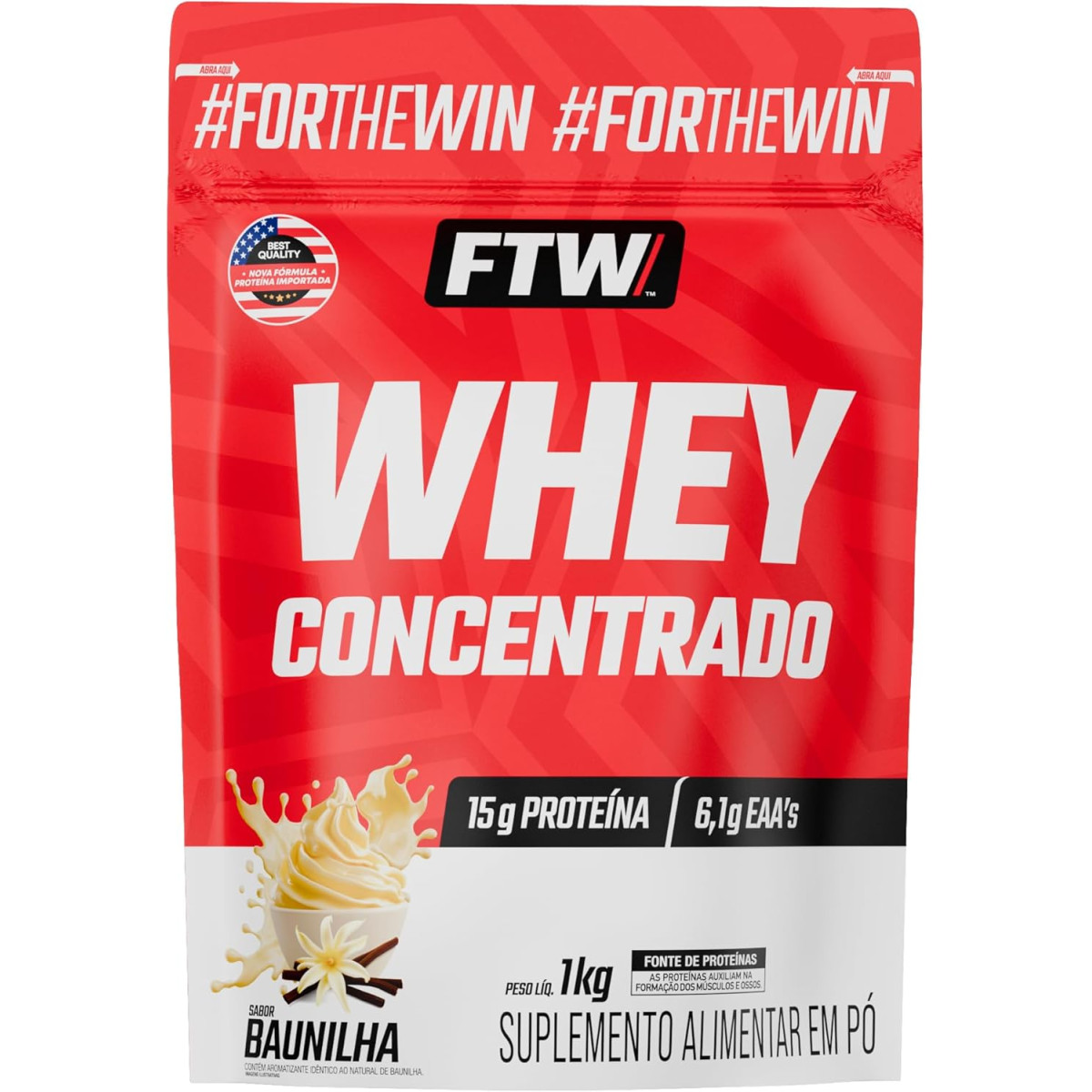 FTW Whey Concentrado com Proteína Concentrada WPC, Suplemento Alimentar em Pó com 15g de Proteína por Porção, Rico em Aminoácidos Essenciais, Sem Glút
