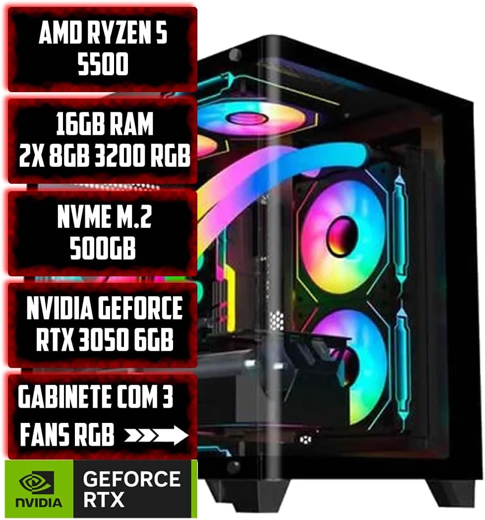 PC Gamer Live Ryzen 5 5500, 16GB RAM RGB, NVME M.2 500GB, RTX 3050 6GB, Gabinete com 4 Ventoinhas RGB