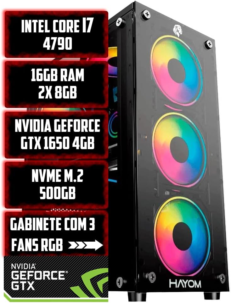 PC Gamer Intel Core i7 4790, 16GB RAM, NVME M.2 500GB, NVIDIA GeForce GTX 1650 4GB, Gabinete com 3 Fans RGB