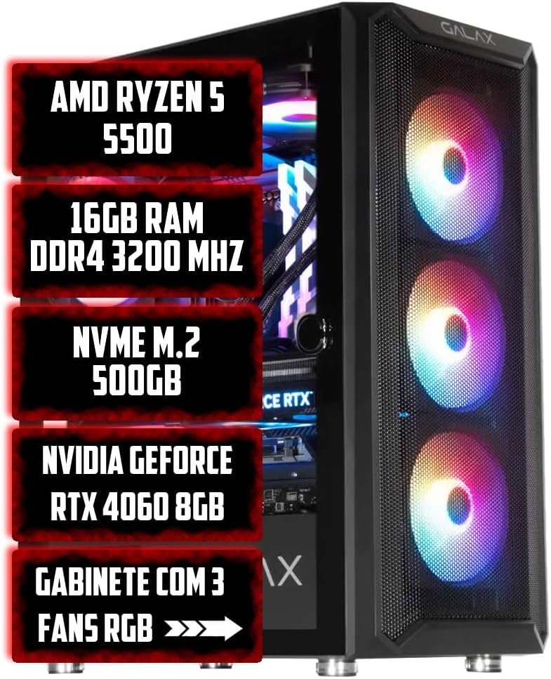 Computador Gamer AMD Ryzen 5 5500, 16GB RAM DDR4 3200 MHz, NVME M.2 500GB, NVIDIA RTX 5060 8GB, Gabinete com 3 Fans RGB