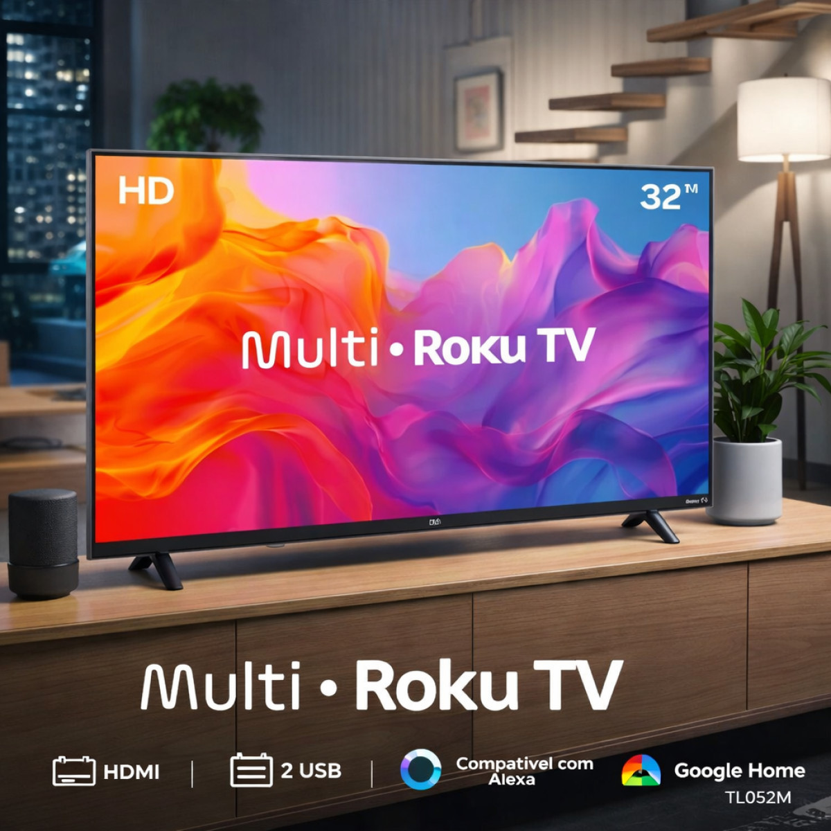 Smart TV Multi Roku 32" HD 3 HDMI 2 USB Compatível com Alexa e Google Home - TL052M
