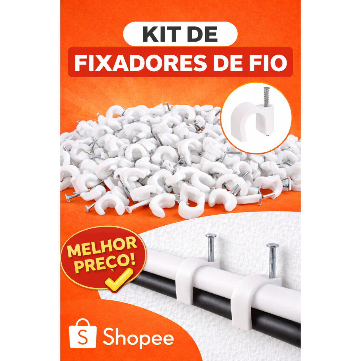 Kit até 1000 Fixadores Miguelao 8mm de Fio Parede Prego de Aço Organizador Cabos Elétricos Coaxial Internet