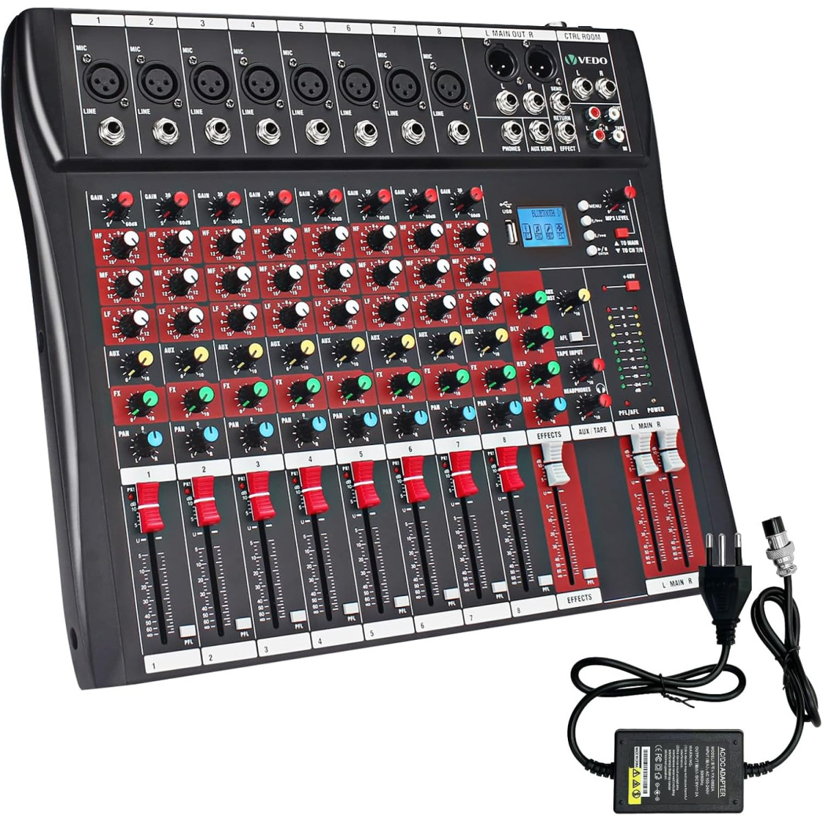 VEDO Console de mistura,8 Canais Mixer Profissional para Shows ao Vivo, Karaokê - USB/Bluetooth, Efeito de Reverb, Saída de Monitoração, Controle de S