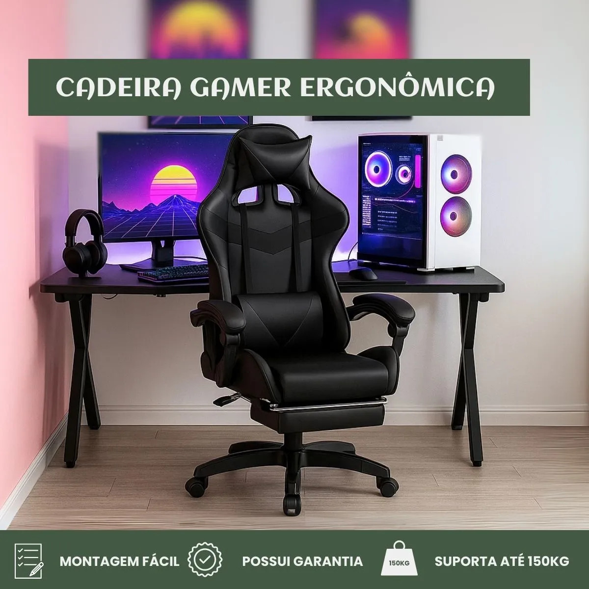 Cadeira De Escritório Gamer Nitro Ergonômica Estofado Couro Sintético Reclinável Altura Ajustável Apoio Para Pés Cor Preto Luvinco