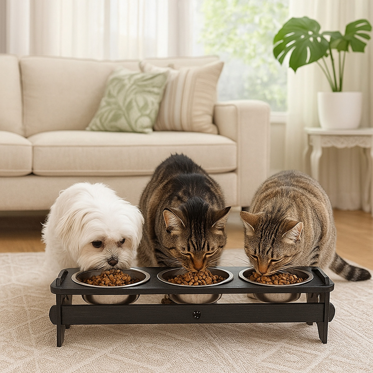 Comedouro Triplo Elevado Com TAMPAS Para Cães e Gatos + Tigelas Inox