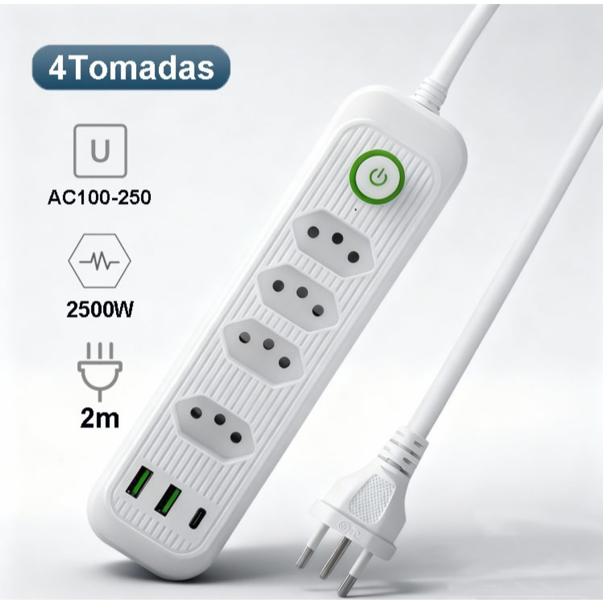 Régua de Energia 4 Tomadas 2 Portas USB 1 Porta Tipo-C 2M AC100-250