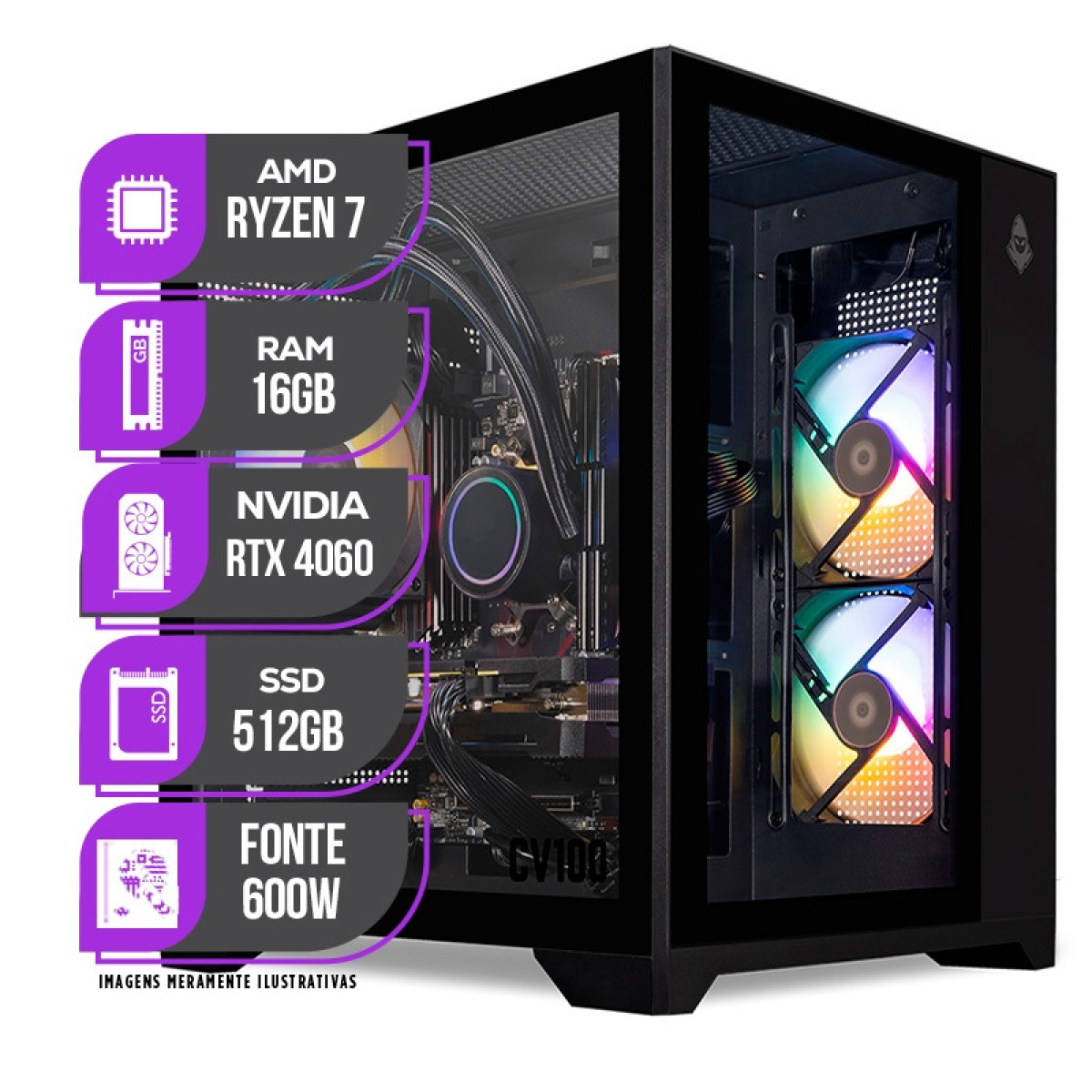 PC Gamer Mancer, AMD RYZEN 7 5700X, RTX 4060 TI 8GB, 16GB DDR4, SSD M.2 512GB, 600W 80 Plus