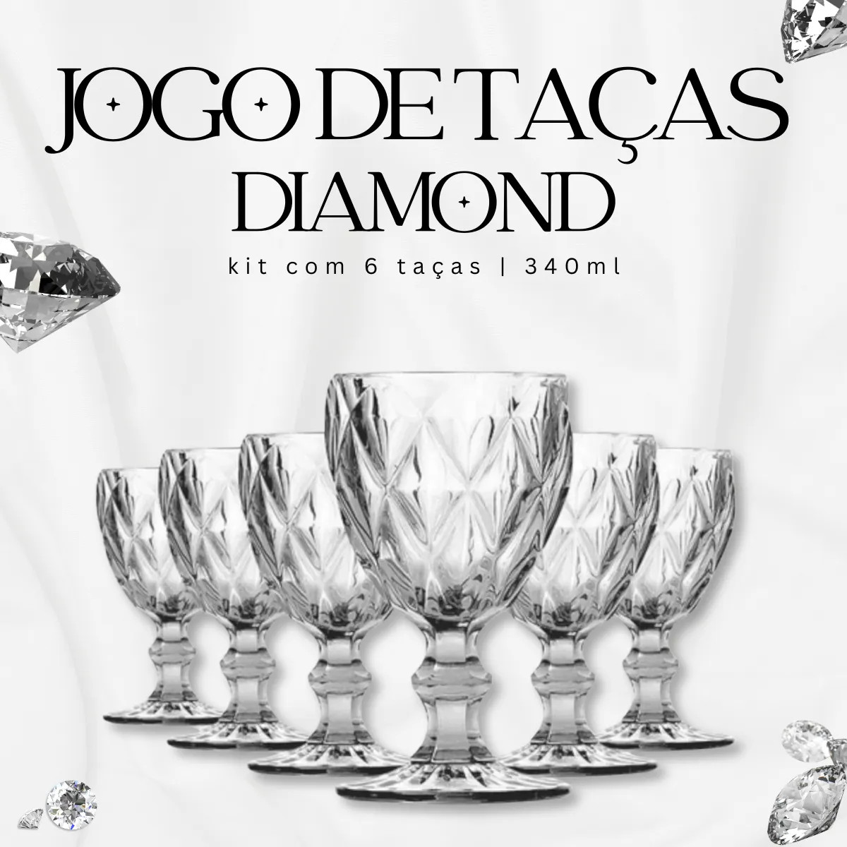 Jogo 6 Taças Diamante Vidro 330ml - Transparente Diamante Lapidado