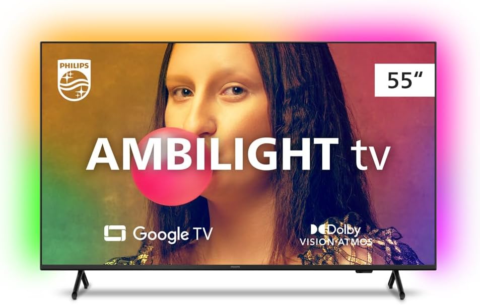 Smart TV Philips Ambilight 55" 4K 55PUG7908/78, Google TV, Comando de Voz, Dolby Vision/Atmos, VRR/A