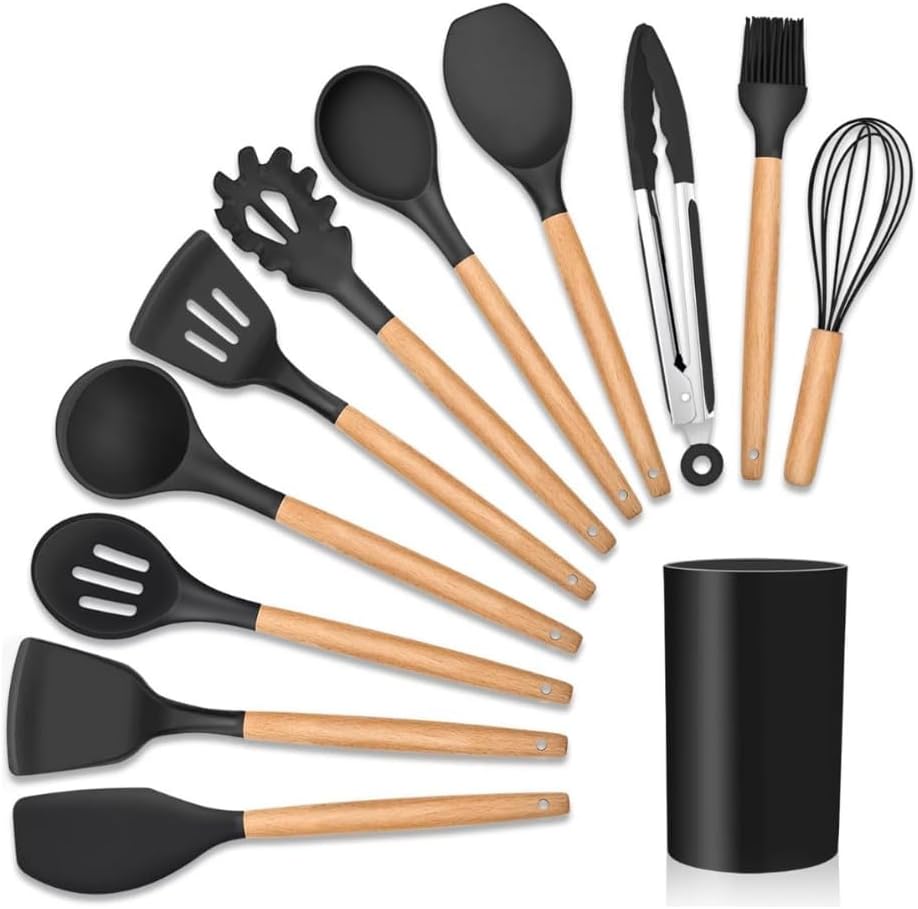 Kit 12 Utensílios De Cozinha Em Silicone E Cabo De Madeira Jogo De Utensílios Resistente ao Calor An