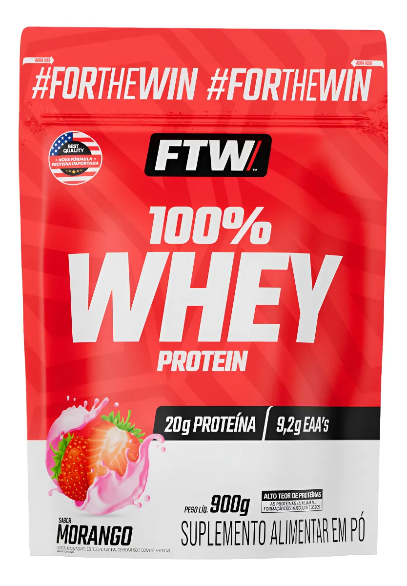Whey Protein 100% Concentrado Refil 900g Sabor Morango - FTW