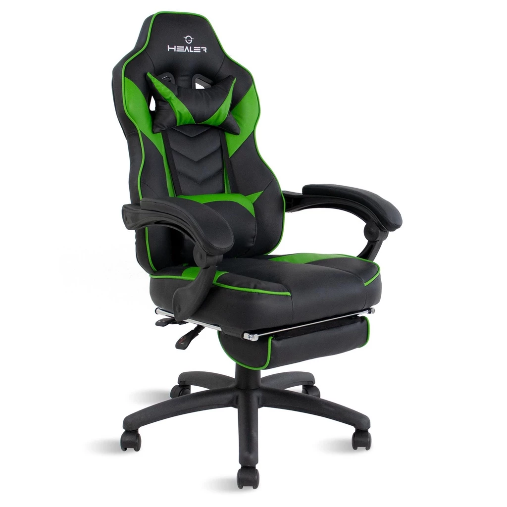 Cadeira Gamer Verde e Preto Healer Alien Reclinável Giratória com apoio de pés