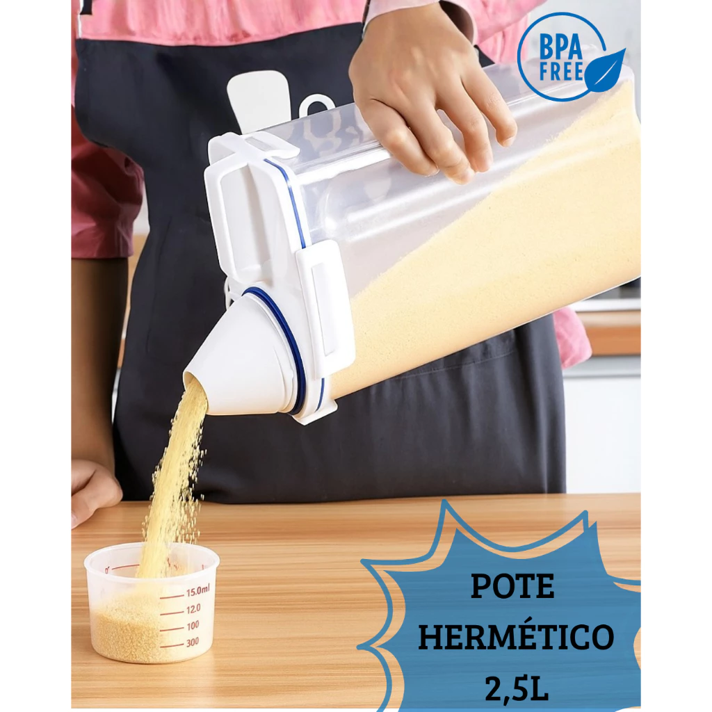 Pote Hermético 2,5L Multiuso com Copo Medidor para Alimentos Sabão Ração Pet Organizador Cozinha