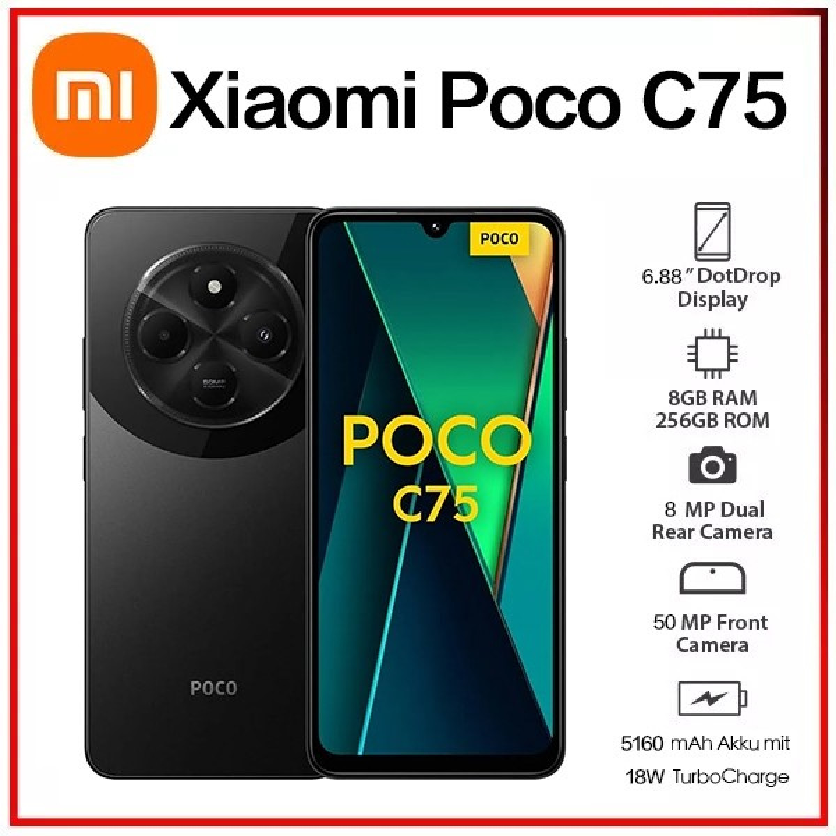 (Novo) Xiaomi Poco C75 Preto 8GB+256GB RAM,6GB+128GBRAM