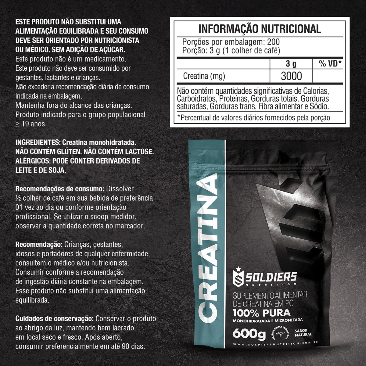Creatina Monohidratada 600g - 100% Pura, Soldiers Nutrition