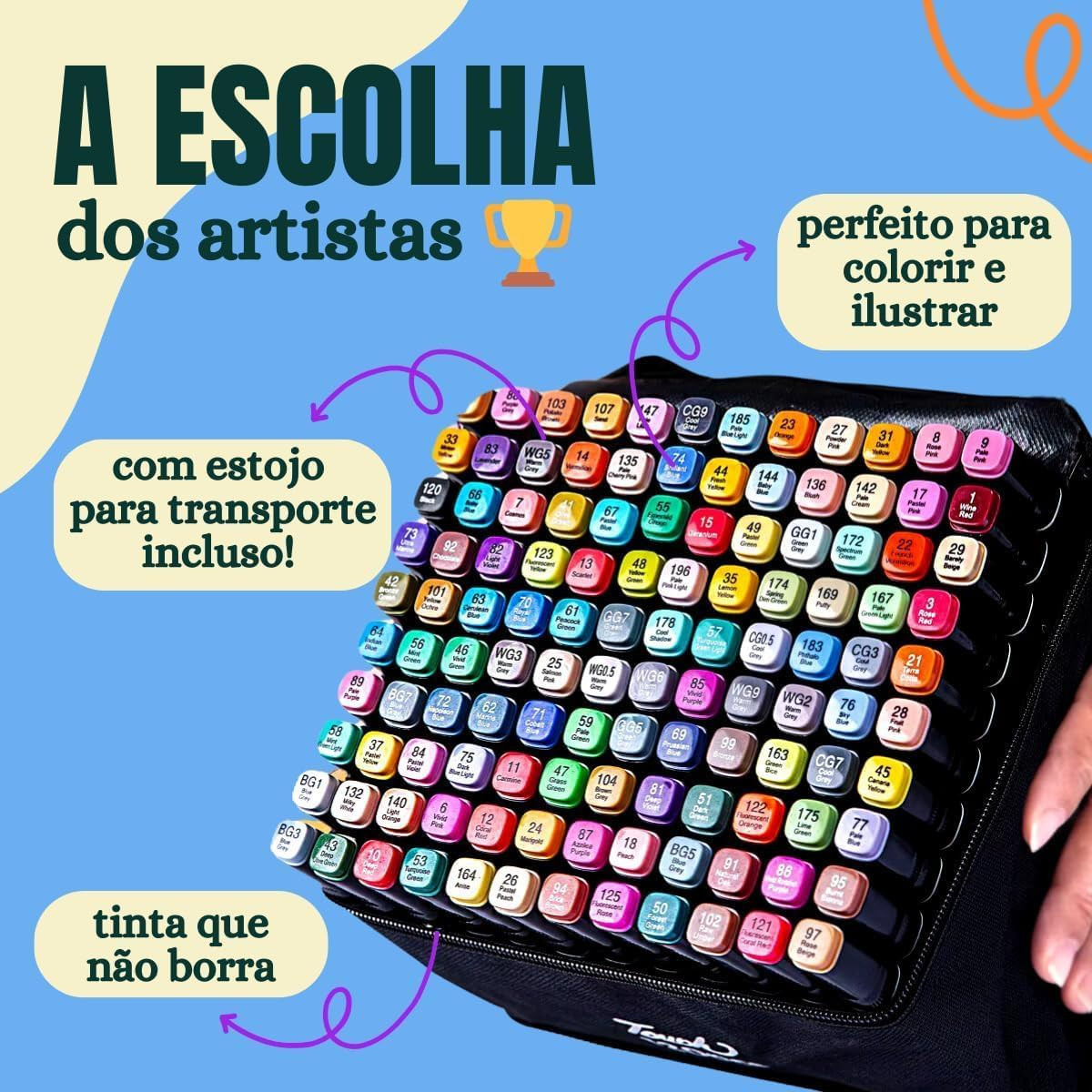 Kit de 60 Canetas Marcador Permanente Ponta Dupla Touch Coloridas para Desenho Profissional Escolar Infantil com Estojo Organizador