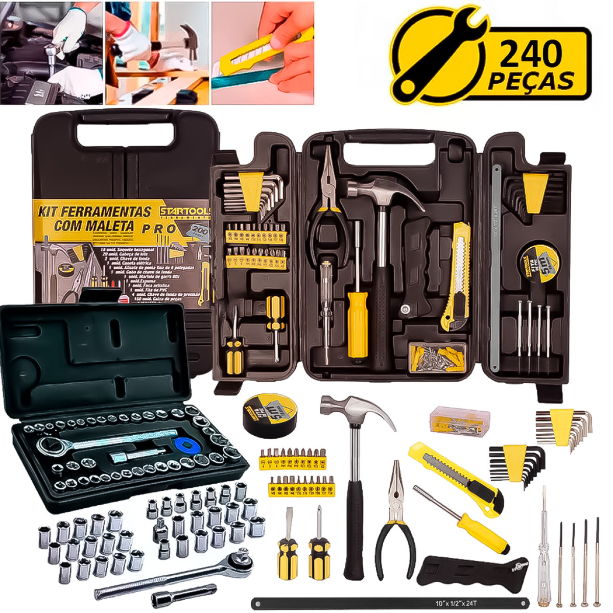 Kit Jogo De Ferramentas 240 Peças Maleta Estojo Caixa Maleta Completa + Soquetes Chave Catraca