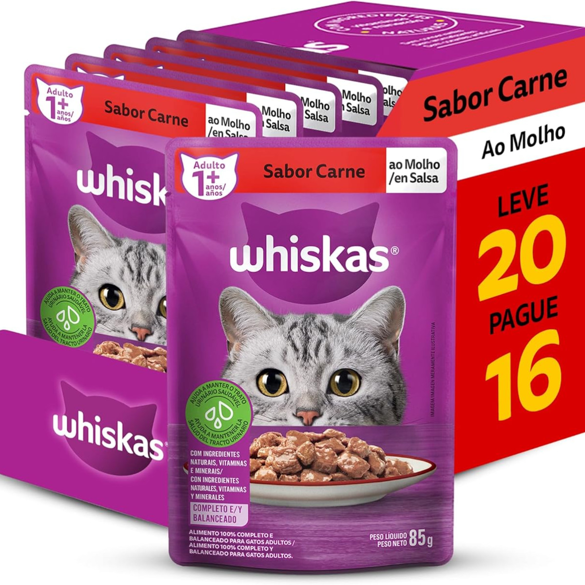 Pack Ração Úmida Whiskas Sachê Carne ao Molho para Gatos Adultos - Leve 20 Pague 16