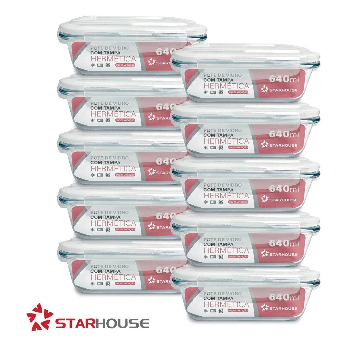 Kit 10 Potes Herméticos Vidro 640ml Starhouse Marmita Forno Micro-ondas