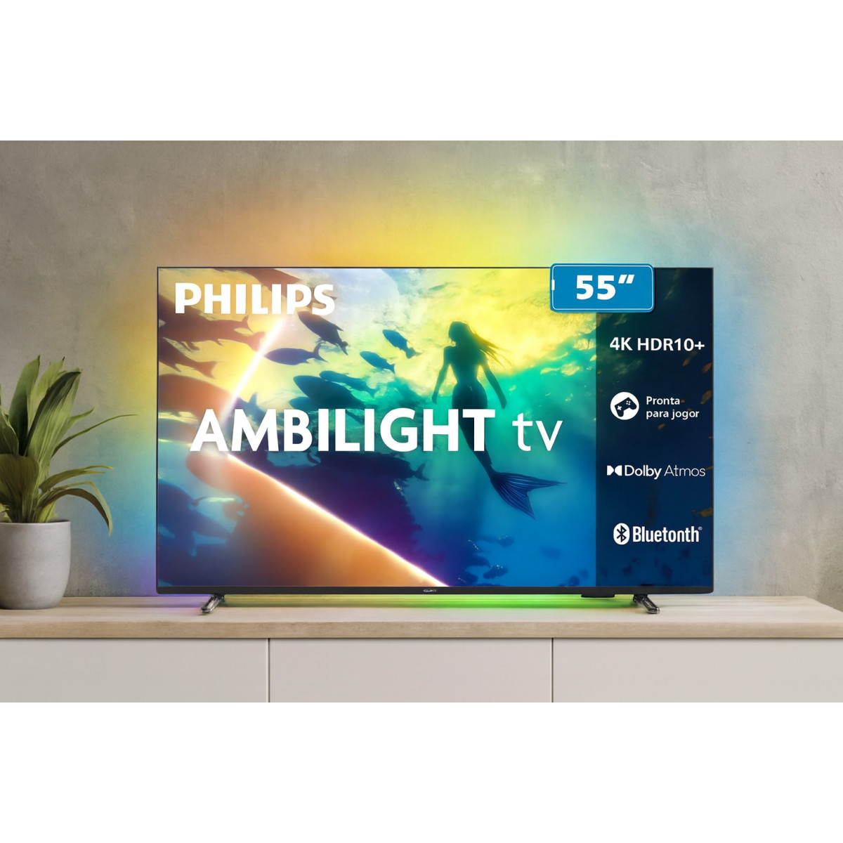 PHILIPS, Smart TV Ambilight 55" 4K, 55PUG8100/78, Comando de Voz, HDR10+/Dolby Atmos, VRR/ALLM, Bluetooth