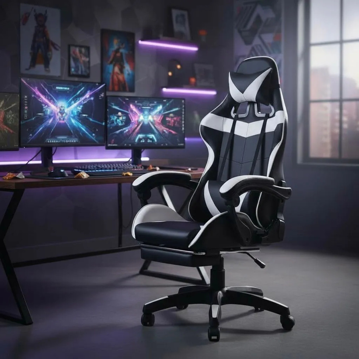 Cadeira Gamer Ergonômica Reclinável Com Apoio Para Pés E Almofada Lombar Couro Sintético Premium