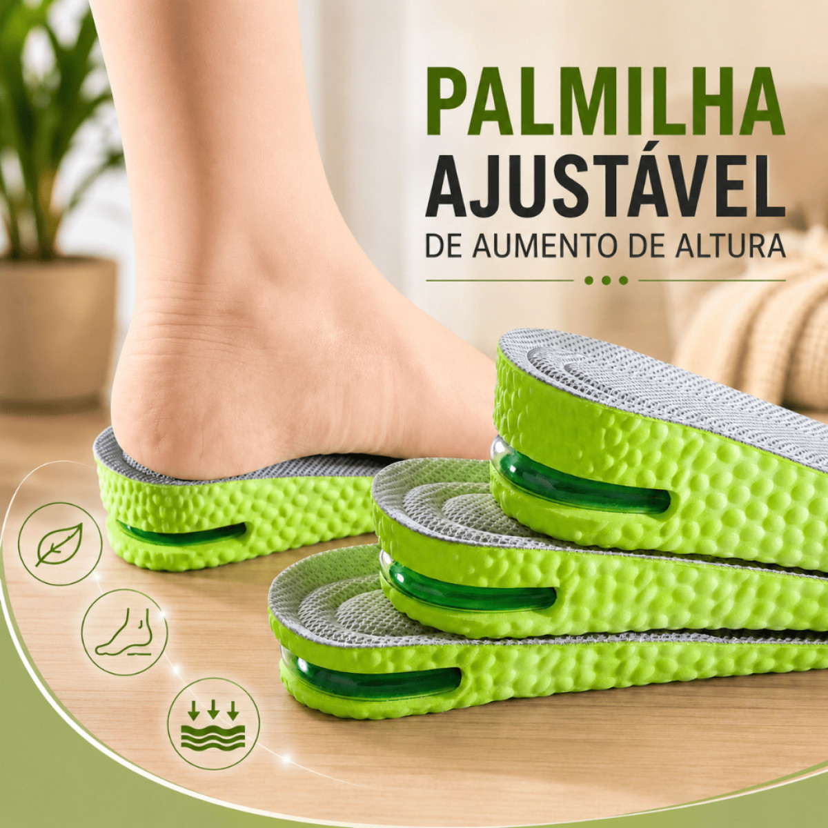 Palmilha Verde Aumento Altura Gel Espuma Anti Odor Conforto Ajustável Ortopédica Unissex