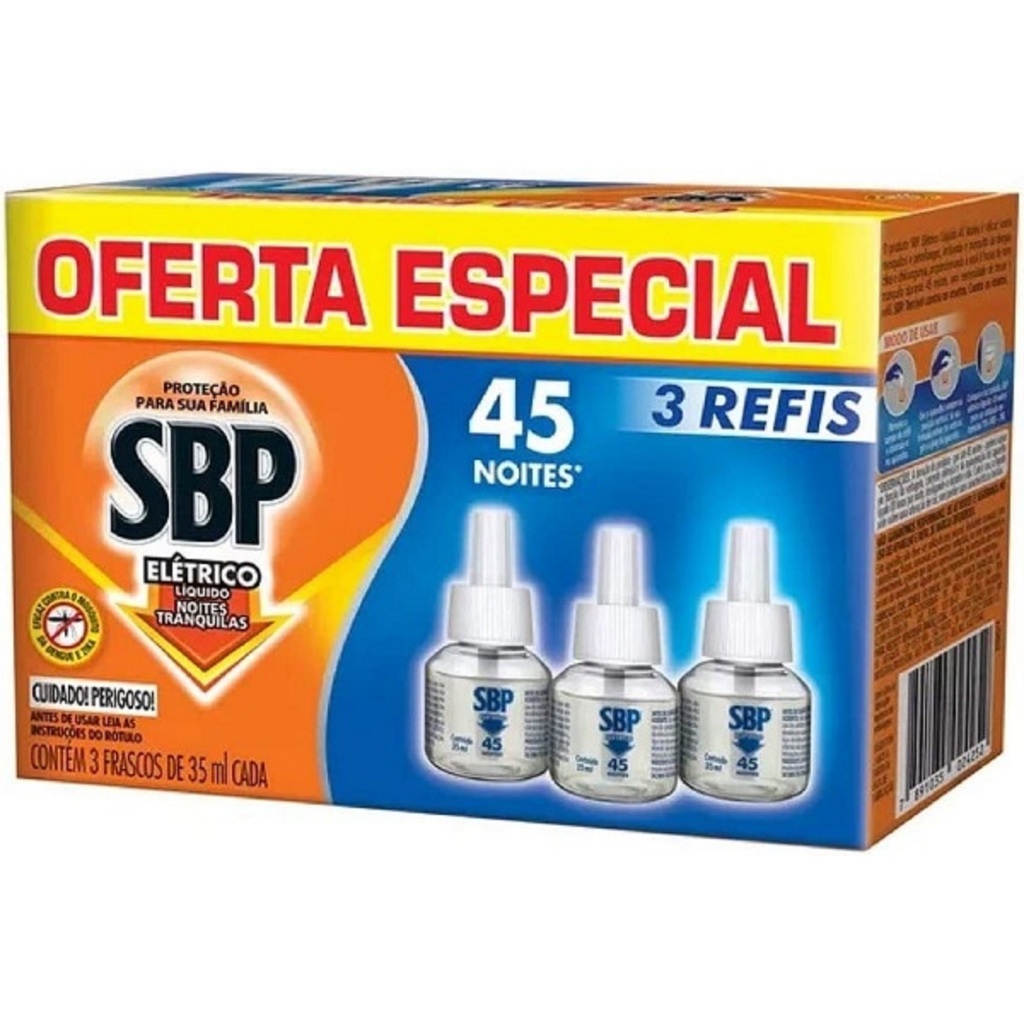 Repelente Elétrico Líquido SBP 45 Noites com 3 Refis 32,9ml Cada Oferta Especial