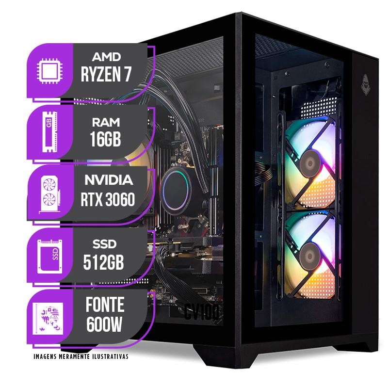 PC Gamer Mancer, AMD RYZEN 7 5700X, Water Cooler, RTX 3060 12GB, 16GB DDR4, SSD M.2 512GB, Fonte 600W 80 Plus